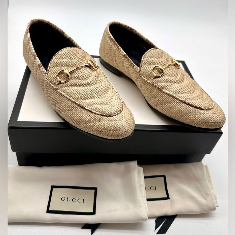 Gucci Jordaan Quilted Loafers Raffia Elaphe Straw Matelasse Horsebit EU38.5US8.5